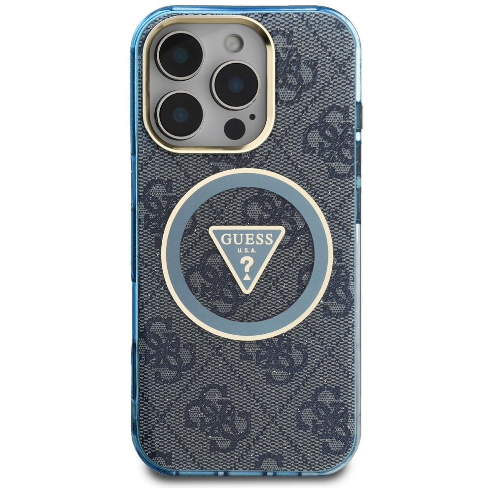 Husa MagSafe pentru Apple iPhone 16 Pro Max, Guess, IML Glitter 4G Circle Triangle, Albastra