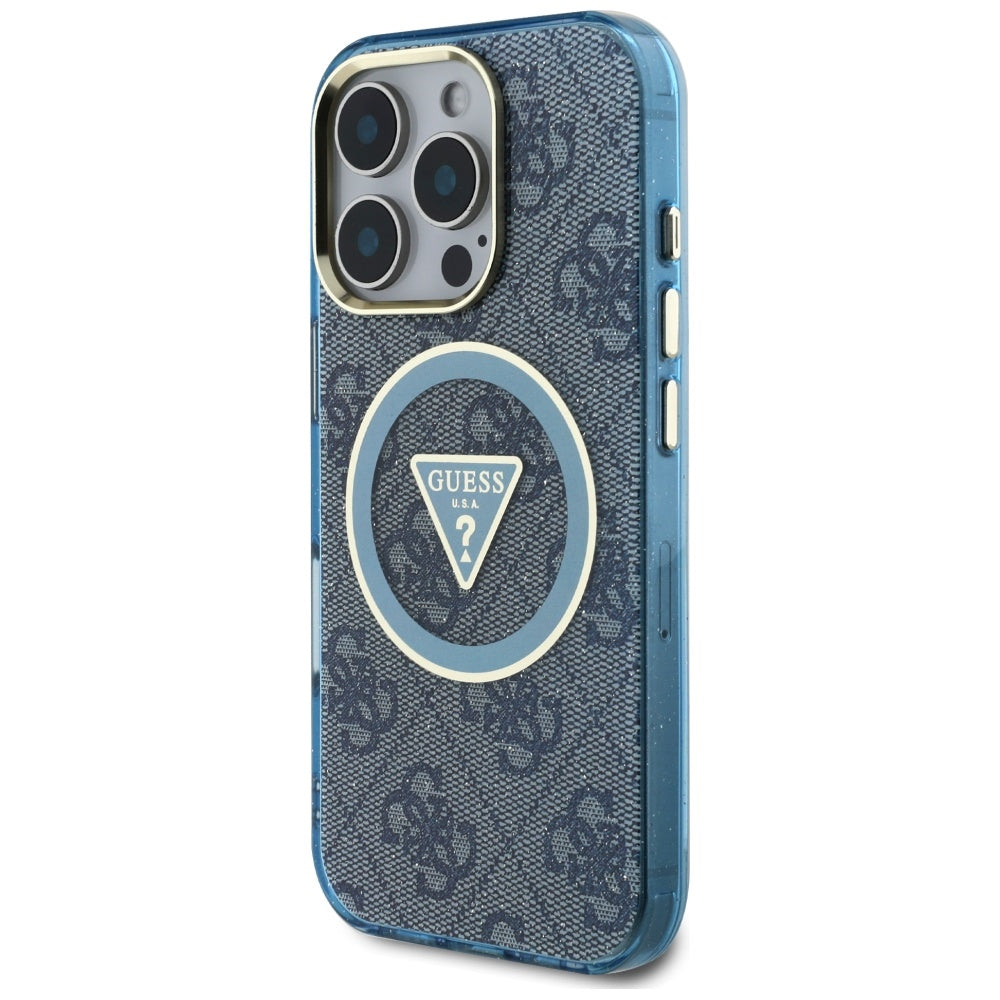 Husa MagSafe pentru Apple iPhone 16 Pro Max, Guess, IML Glitter 4G Circle Triangle, Albastra