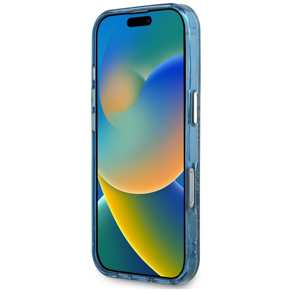 Husa MagSafe pentru Apple iPhone 16 Pro Max, Guess, IML Glitter 4G Circle Triangle, Albastra