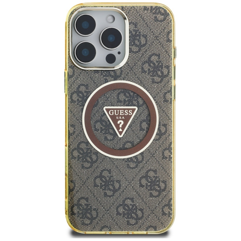 Husa MagSafe pentru Apple iPhone 16 Pro Max, Guess, IML Glitter 4G Circle Triangle, Maro