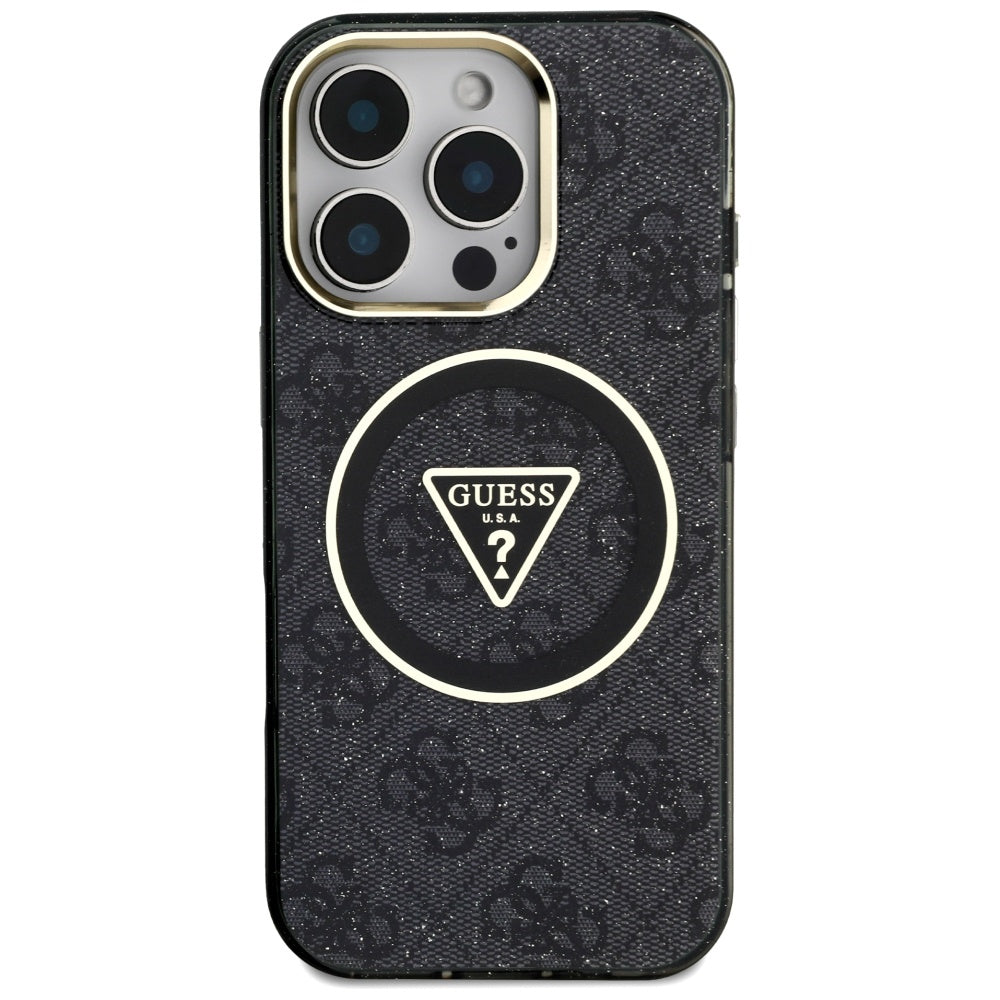 Husa MagSafe pentru Apple iPhone 16 Pro Max, Guess, IML Glitter 4G Circle Triangle, Neagra