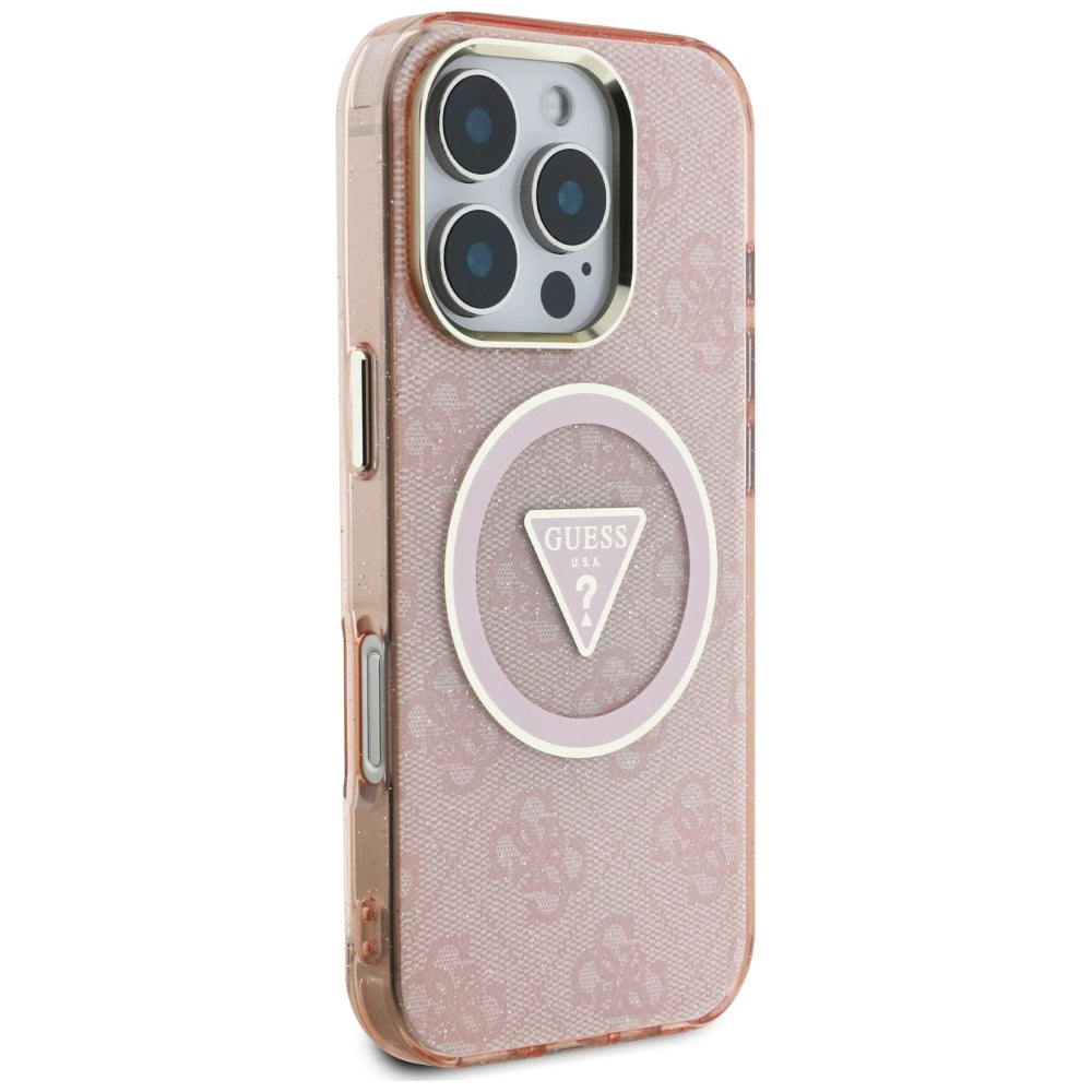 Husa MagSafe pentru Apple iPhone 16 Pro Max, Guess, IML Glitter 4G Circle Triangle, Roz