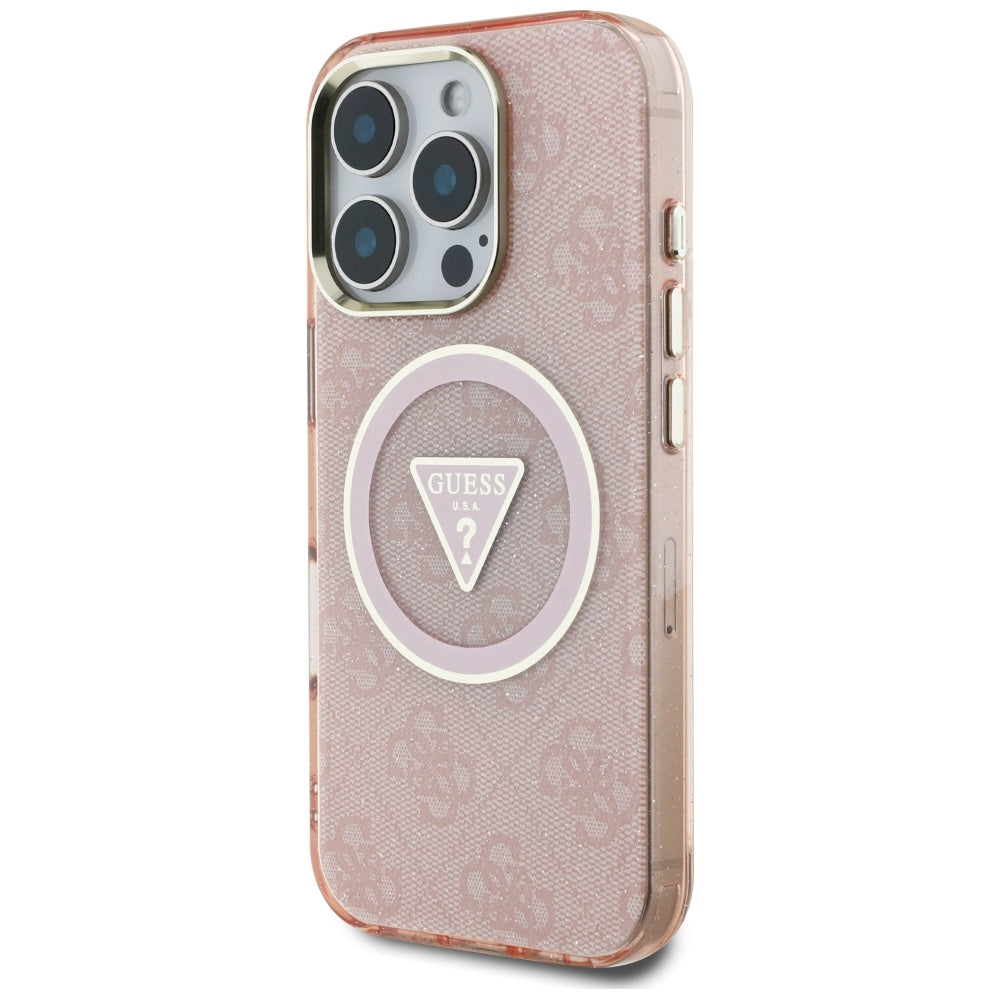 Husa MagSafe pentru Apple iPhone 16 Pro Max, Guess, IML Glitter 4G Circle Triangle, Roz