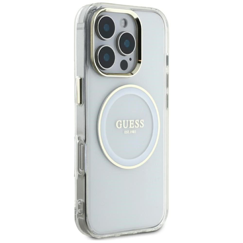 Husa MagSafe pentru Apple iPhone 16 Pro Max, Guess, IML Metal Colored Circle, Alba