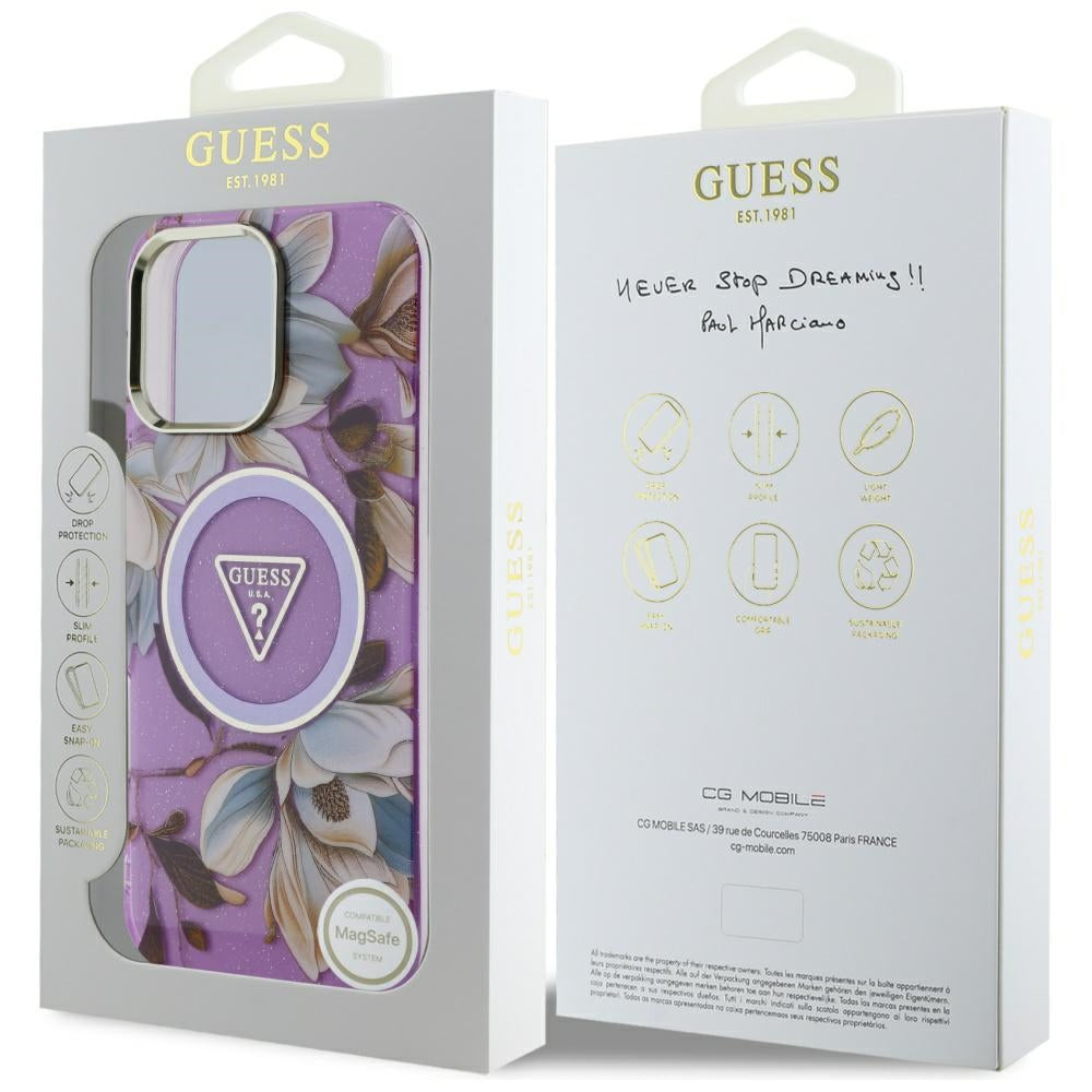 Husa MagSafe pentru Apple iPhone 16 Pro Max, Guess, IML Metal Glitter Flowers Triangle, Mov