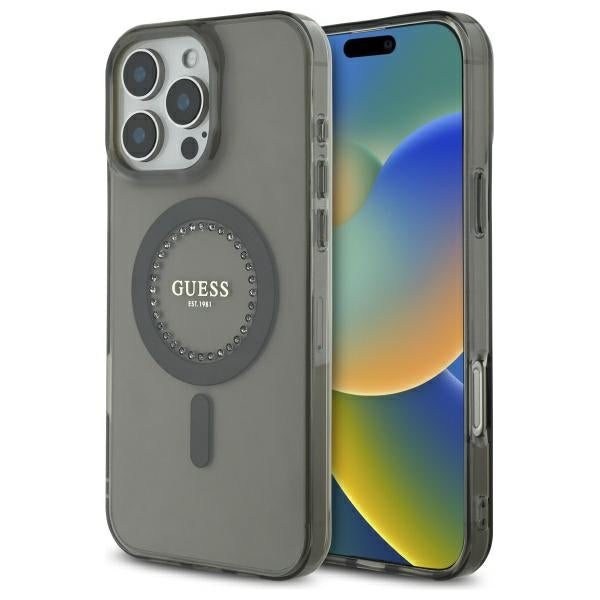 Husa MagSafe pentru Apple iPhone 16 Pro Max, Guess, IML Rhinestone, Neagra