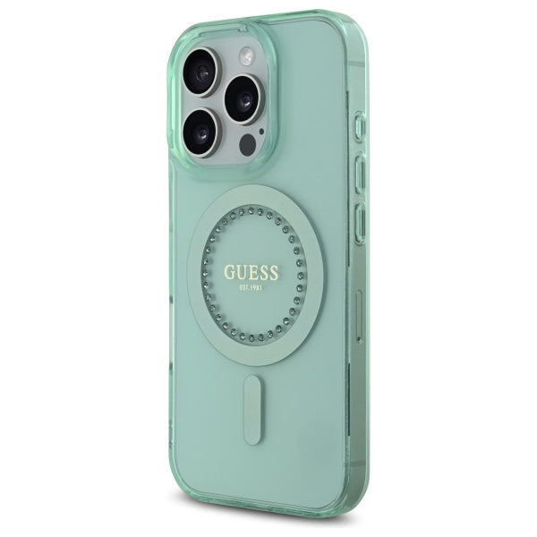 Husa MagSafe pentru Apple iPhone 16 Pro Max, Guess, IML Rhinestone, Verde