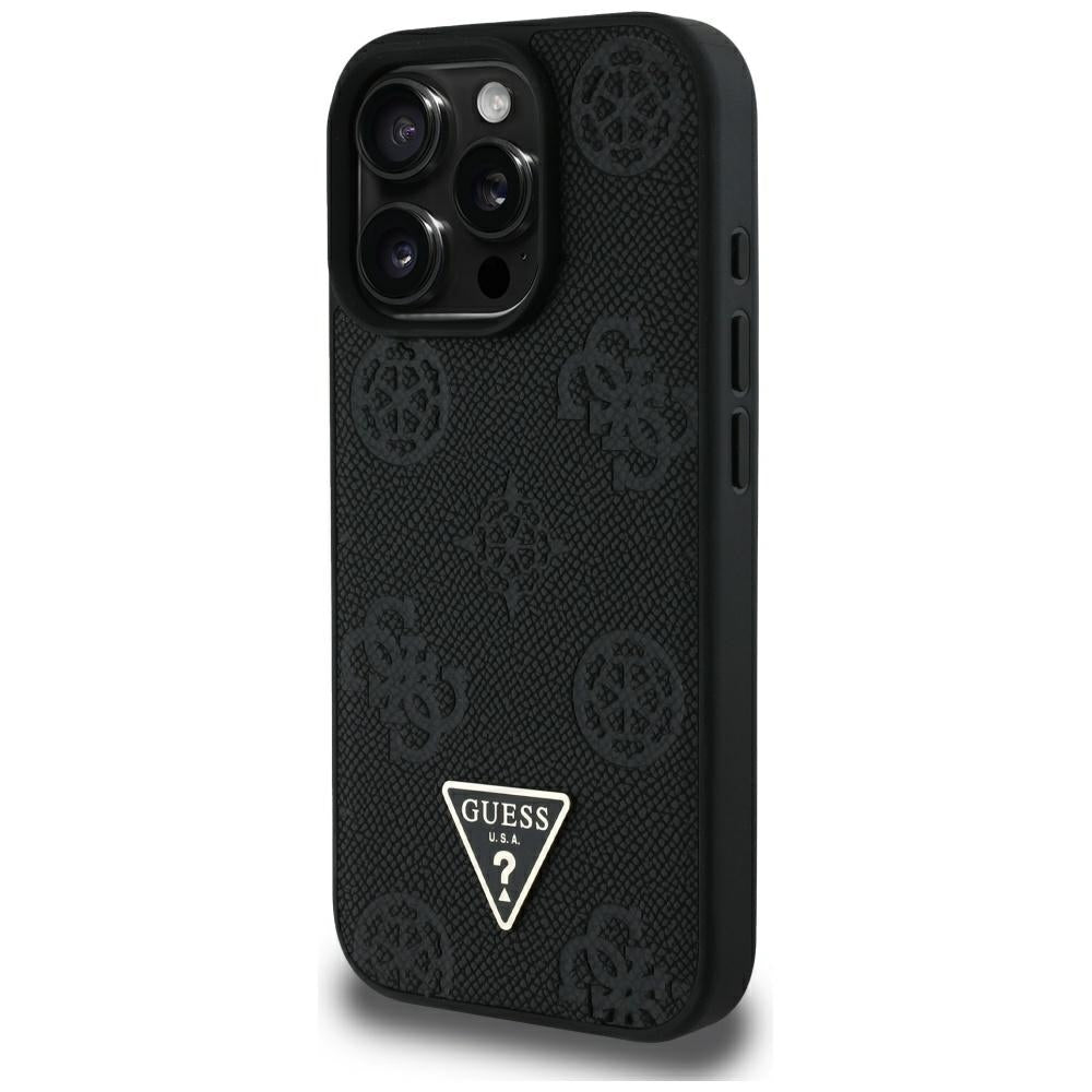 Husa MagSafe pentru Apple iPhone 16 Pro Max, Guess, Peony Grained Hot Stamp Triangle, Neagra