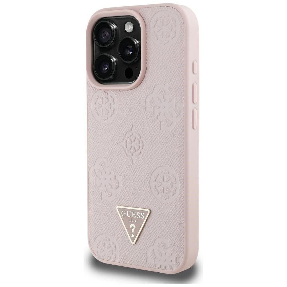 Husa MagSafe pentru Apple iPhone 16 Pro Max, Guess, Peony Grained Hot Stamp Triangle, Roz
