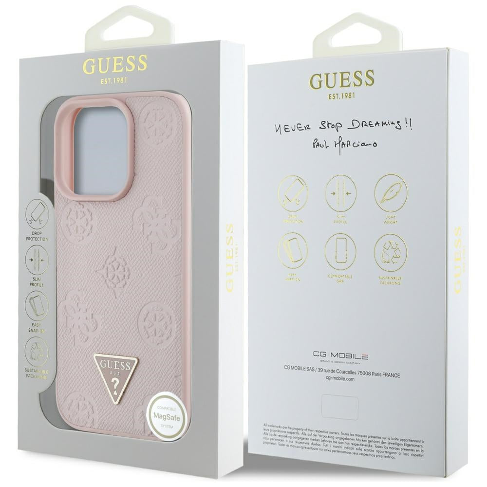Husa MagSafe pentru Apple iPhone 16 Pro Max, Guess, Peony Grained Hot Stamp Triangle, Roz