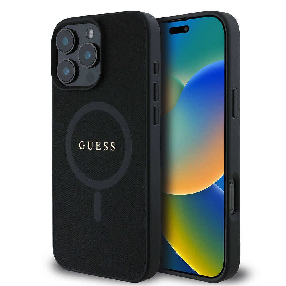Husa MagSafe pentru Apple iPhone 16 Pro Max, Guess, Saffiano Classic Logo, Neagra