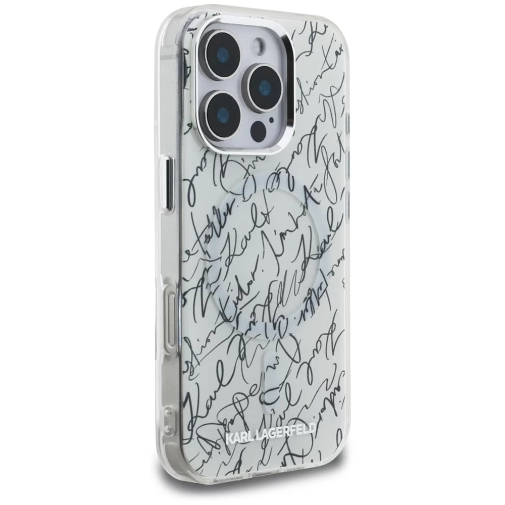 Husa MagSafe pentru Apple iPhone 16 Pro Max, Karl Lagerfeld, IML Karl Script Pattern, Alba