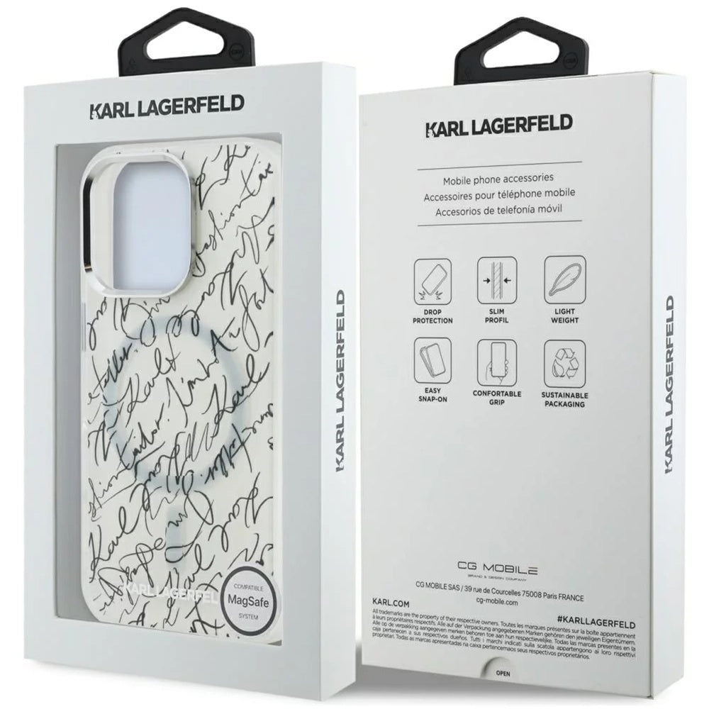 Husa MagSafe pentru Apple iPhone 16 Pro Max, Karl Lagerfeld, IML Karl Script Pattern, Alba