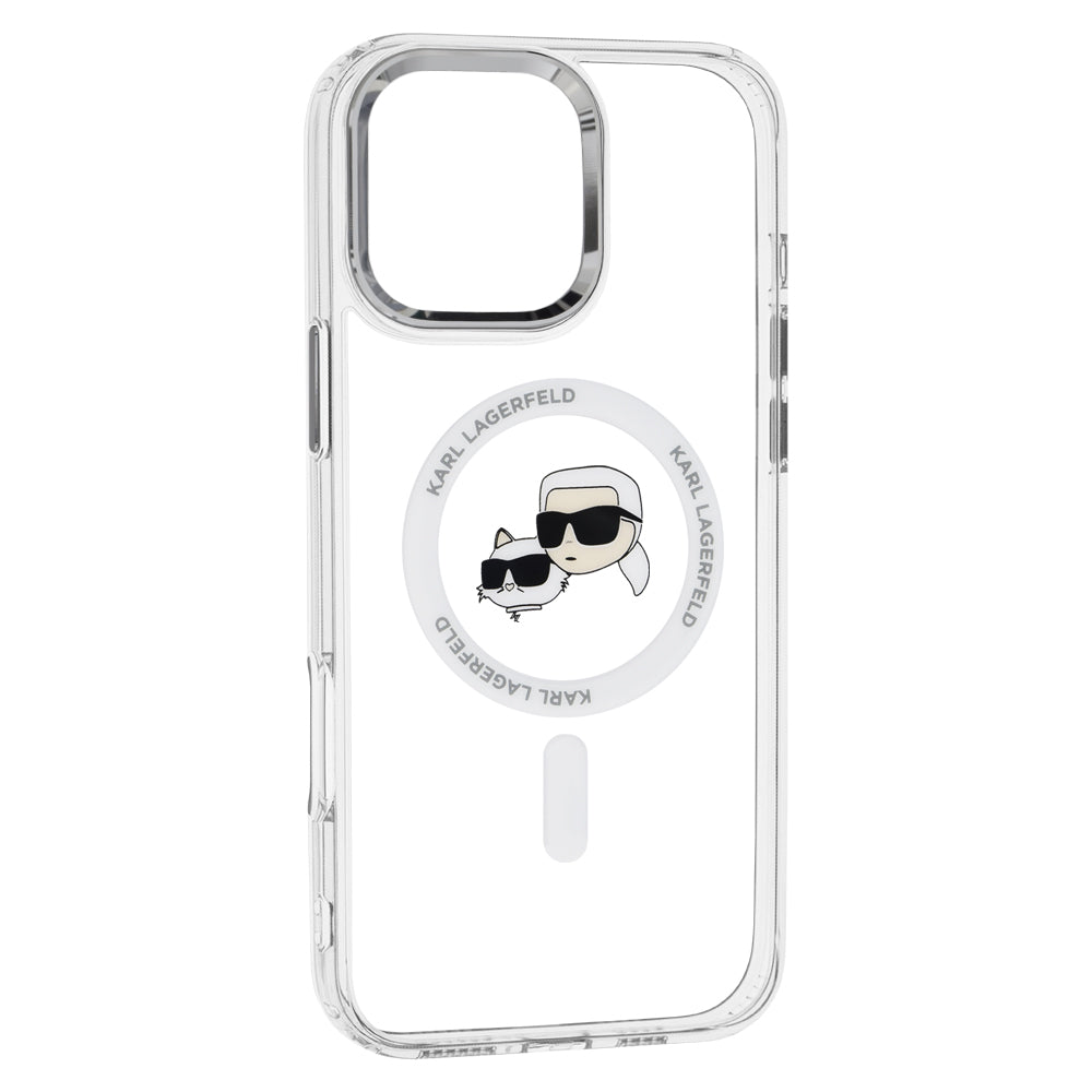 Husa MagSafe pentru Apple iPhone 16 Pro Max, Karl Lagerfeld, IML Metal Karl & Choupette's Heads, Alba