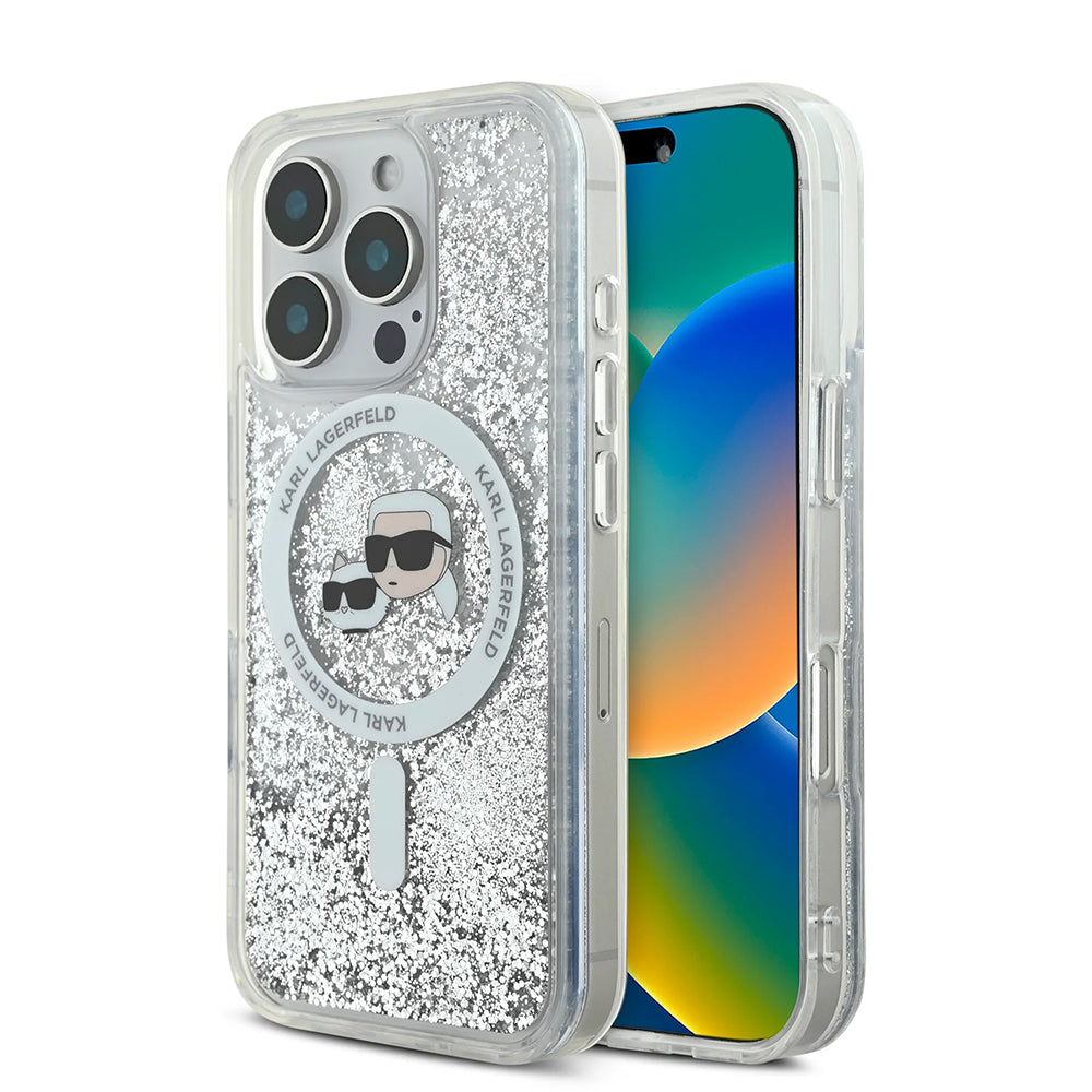 Husa MagSafe pentru Apple iPhone 16 Pro Max, Karl Lagerfeld, Liquid Glitter Karl & Choupette's Heads, Transparenta
