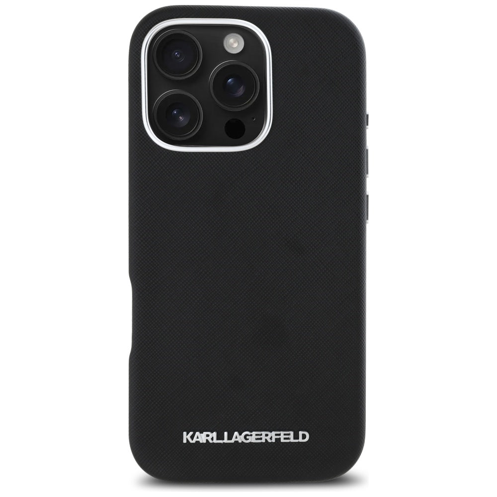 Husa MagSafe pentru Apple iPhone 16 Pro Max, Karl Lagerfeld, Saffiano Full Wrapped Elongated Metal Logo, Neagra
