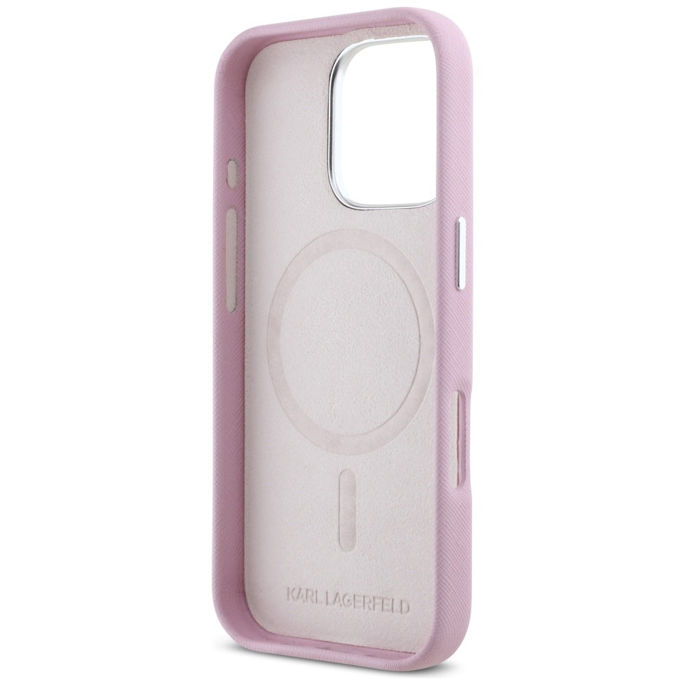 Husa MagSafe pentru Apple iPhone 16 Pro Max, Karl Lagerfeld, Saffiano Full Wrapped Elongated Metal Logo, Roz
