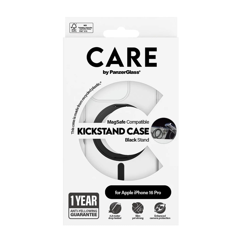 Husa MagSafe pentru Apple iPhone 16 Pro, PanzerGlass, Care Feature Kickstand, Transparenta Neagra