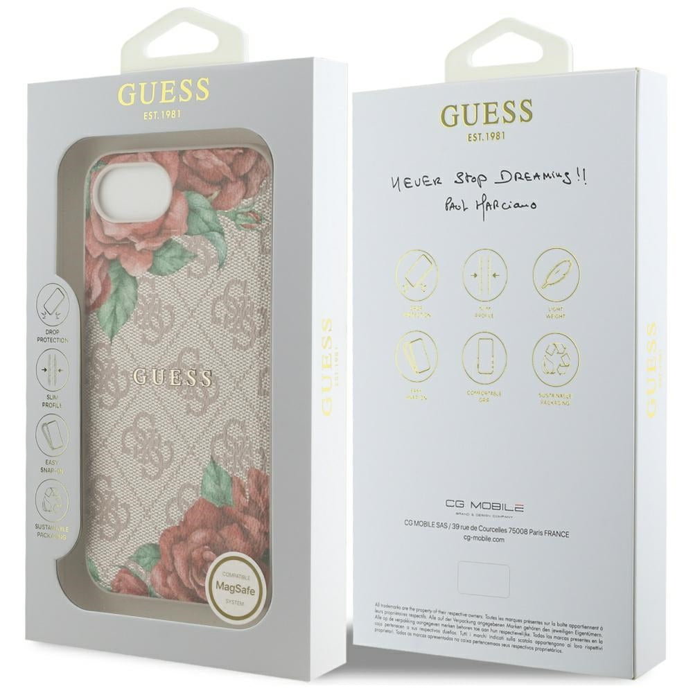 Husa MagSafe pentru Apple iPhone 17e / 16e, Guess, 4G Flowers Print, Roz
