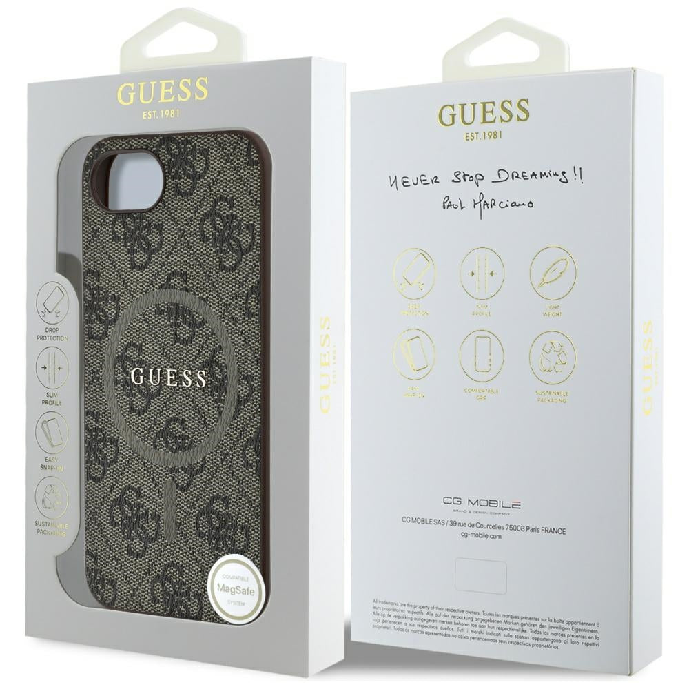 Husa MagSafe pentru Apple iPhone 17e / 16e, Guess, 4G Ring Classic Logo, Maro