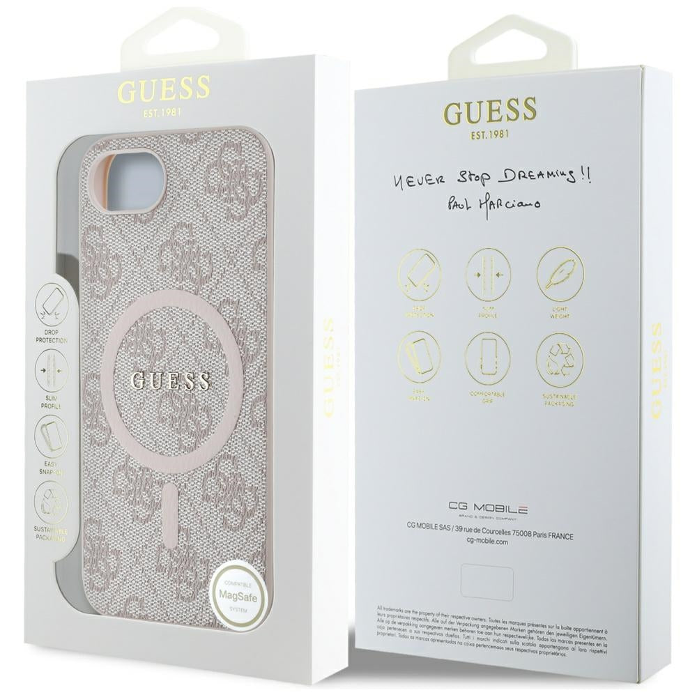 Husa MagSafe pentru Apple iPhone 17e / 16e, Guess, 4G Ring Classic Logo, Roz