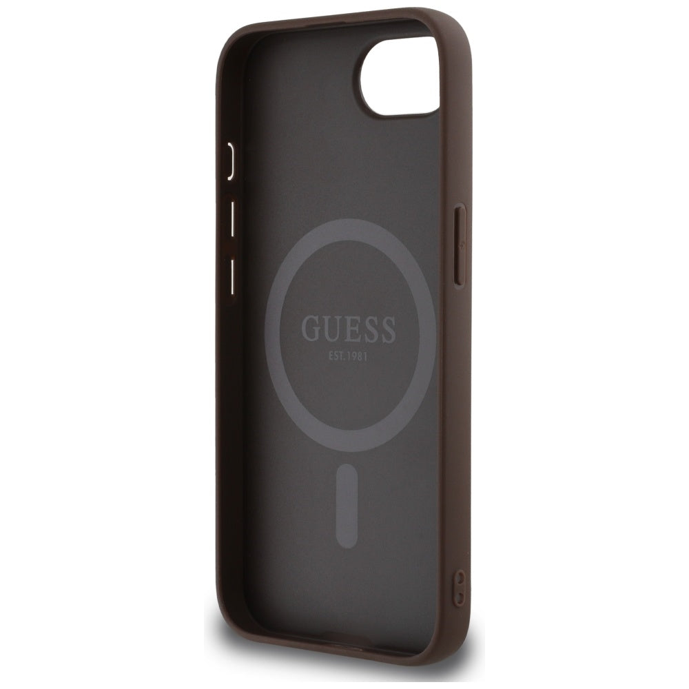 Husa MagSafe pentru Apple iPhone 17e / 16e, Guess, 4G Ring Triangle Logo, Maro