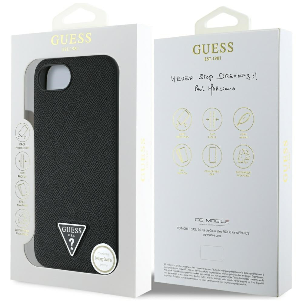 Husa MagSafe pentru Apple iPhone 17e / 16e, Guess, Grained Triangle Logo, Neagra