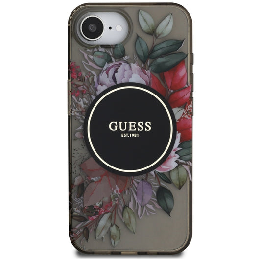 Husa MagSafe pentru Apple iPhone 16e, Guess, IML Flowers, Neagra