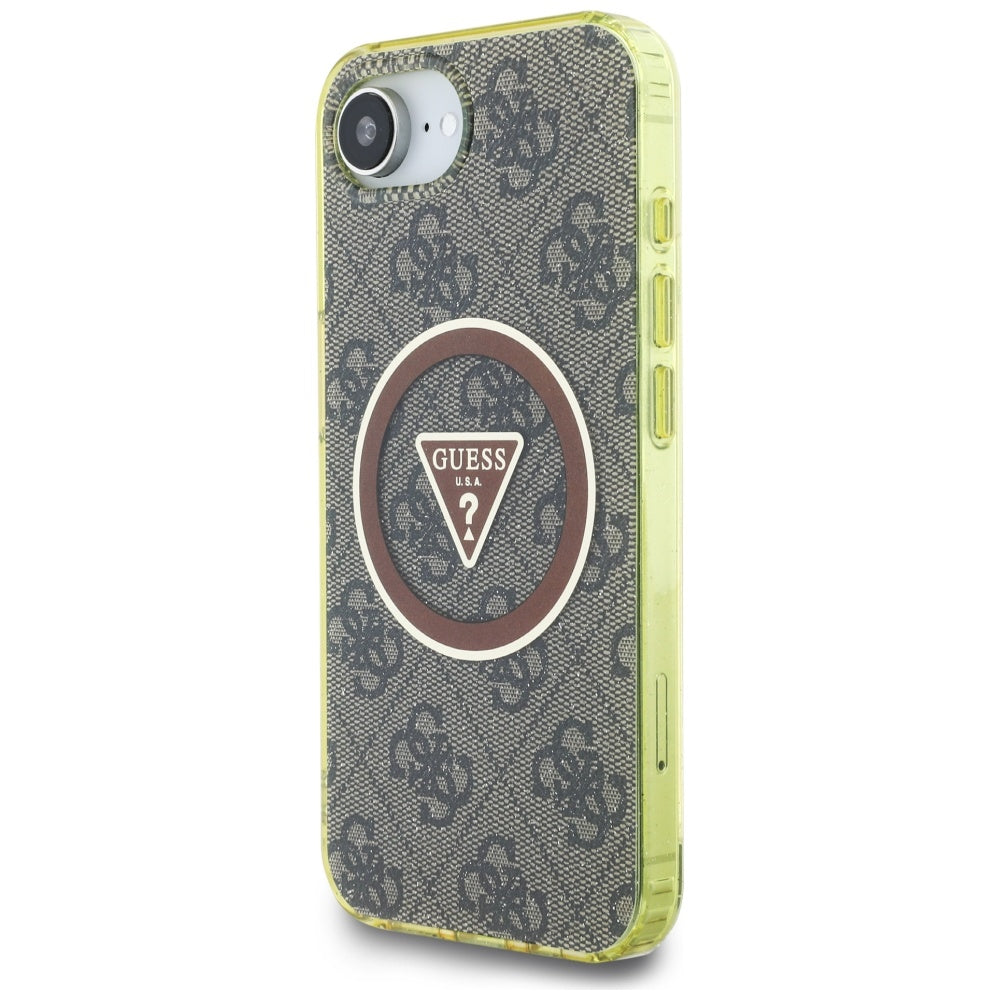 Husa MagSafe pentru Apple iPhone 17e / 16e, Guess, IML Glitter 4G Circle Triangle, Maro