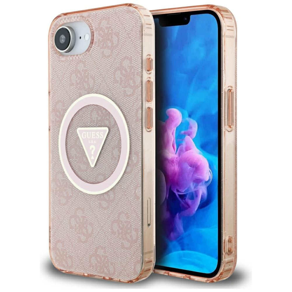 Husa MagSafe pentru Apple iPhone 17e / 16e, Guess, IML Glitter 4G Circle Triangle, Roz