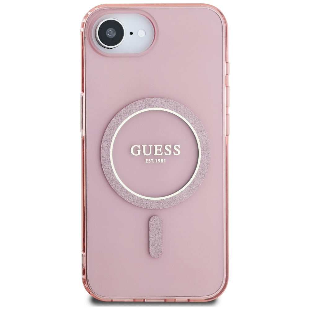 Husa MagSafe pentru Apple iPhone 17e / 16e, Guess, IML Glitter Circle, Roz