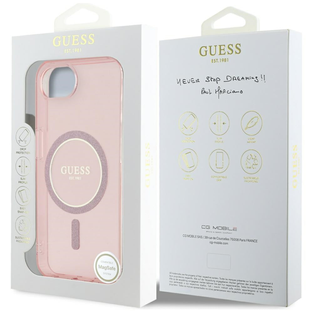 Husa MagSafe pentru Apple iPhone 17e / 16e, Guess, IML Glitter Circle, Roz
