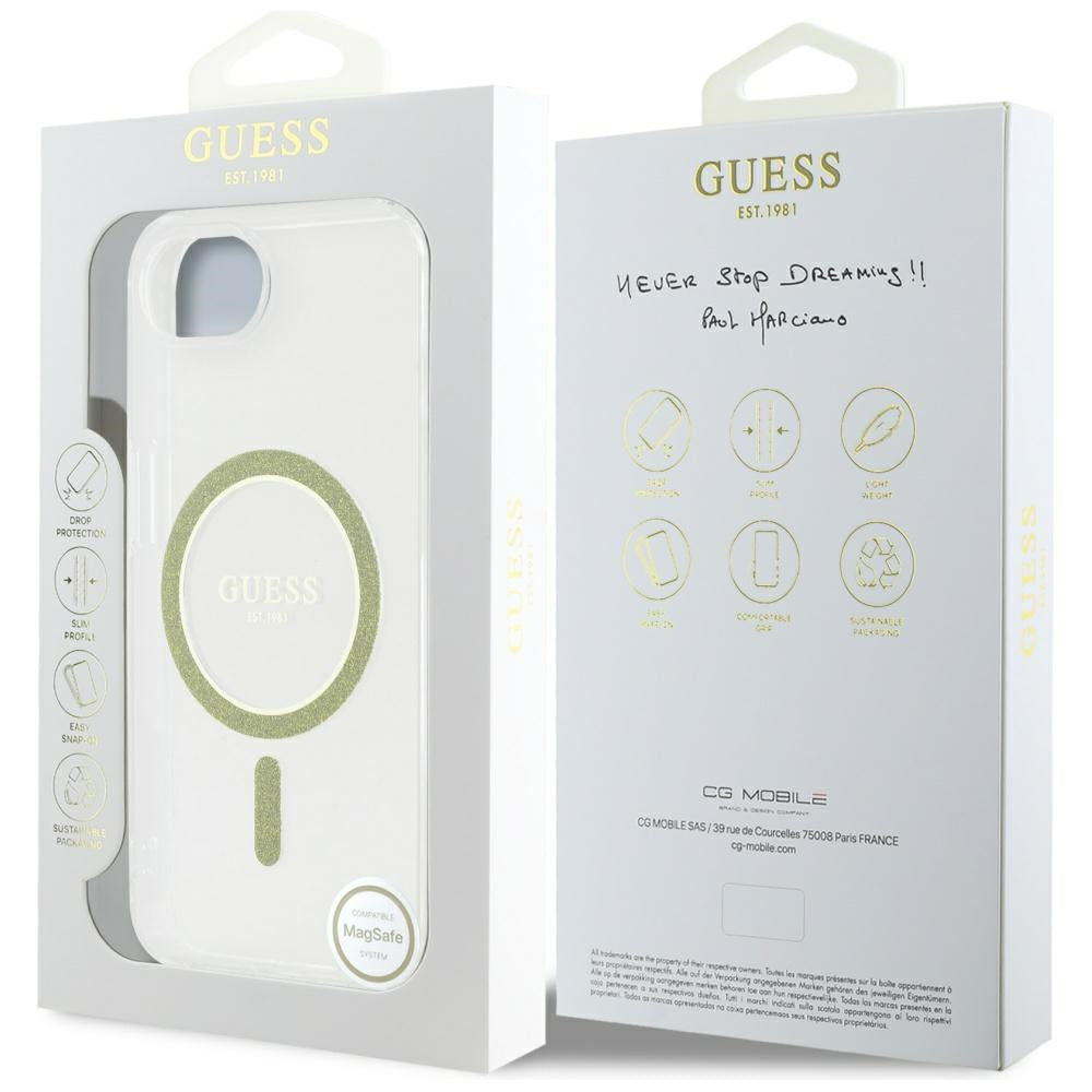 Husa MagSafe pentru Apple iPhone 17e / 16e, Guess, IML Glitter Circle, Transparenta
