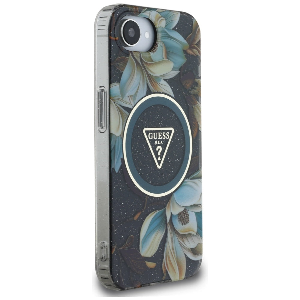 Husa MagSafe pentru Apple iPhone 17e / 16e, Guess, IML Metal Glitter Flowers Triangle, Neagra