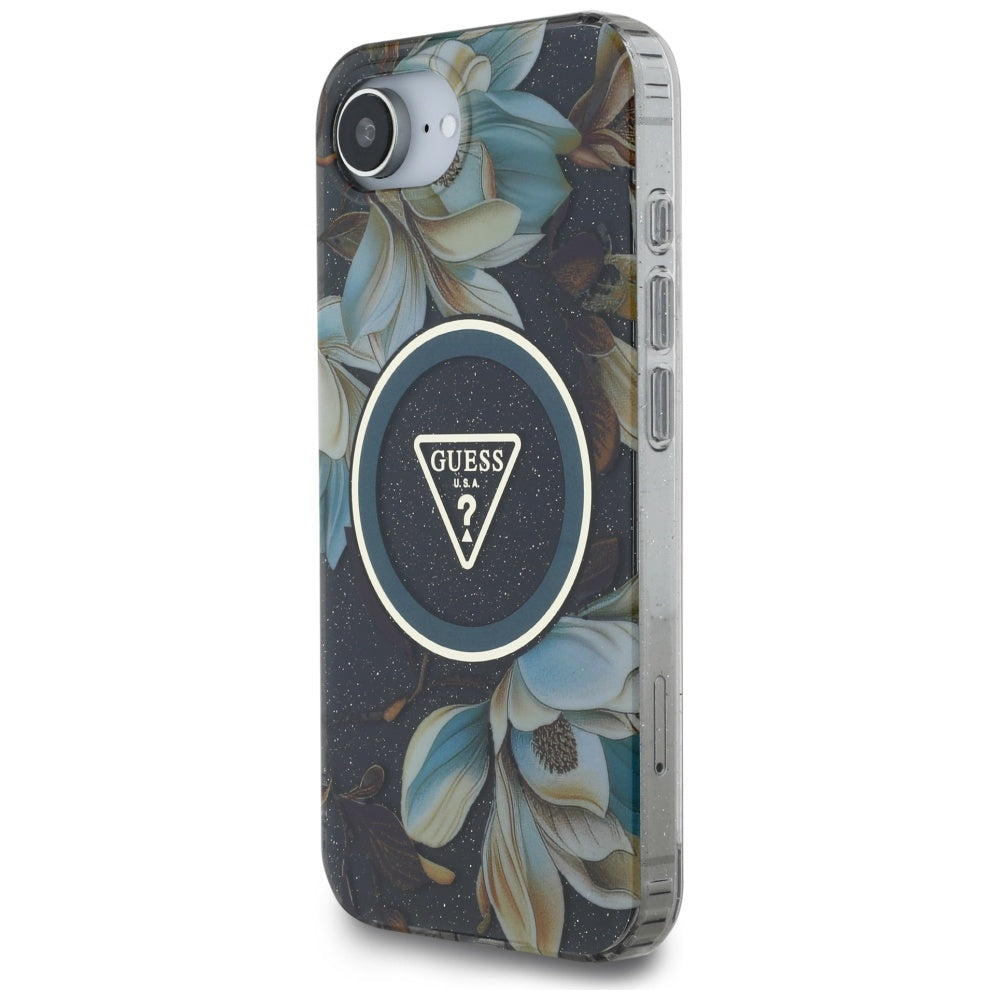 Husa MagSafe pentru Apple iPhone 17e / 16e, Guess, IML Metal Glitter Flowers Triangle, Neagra
