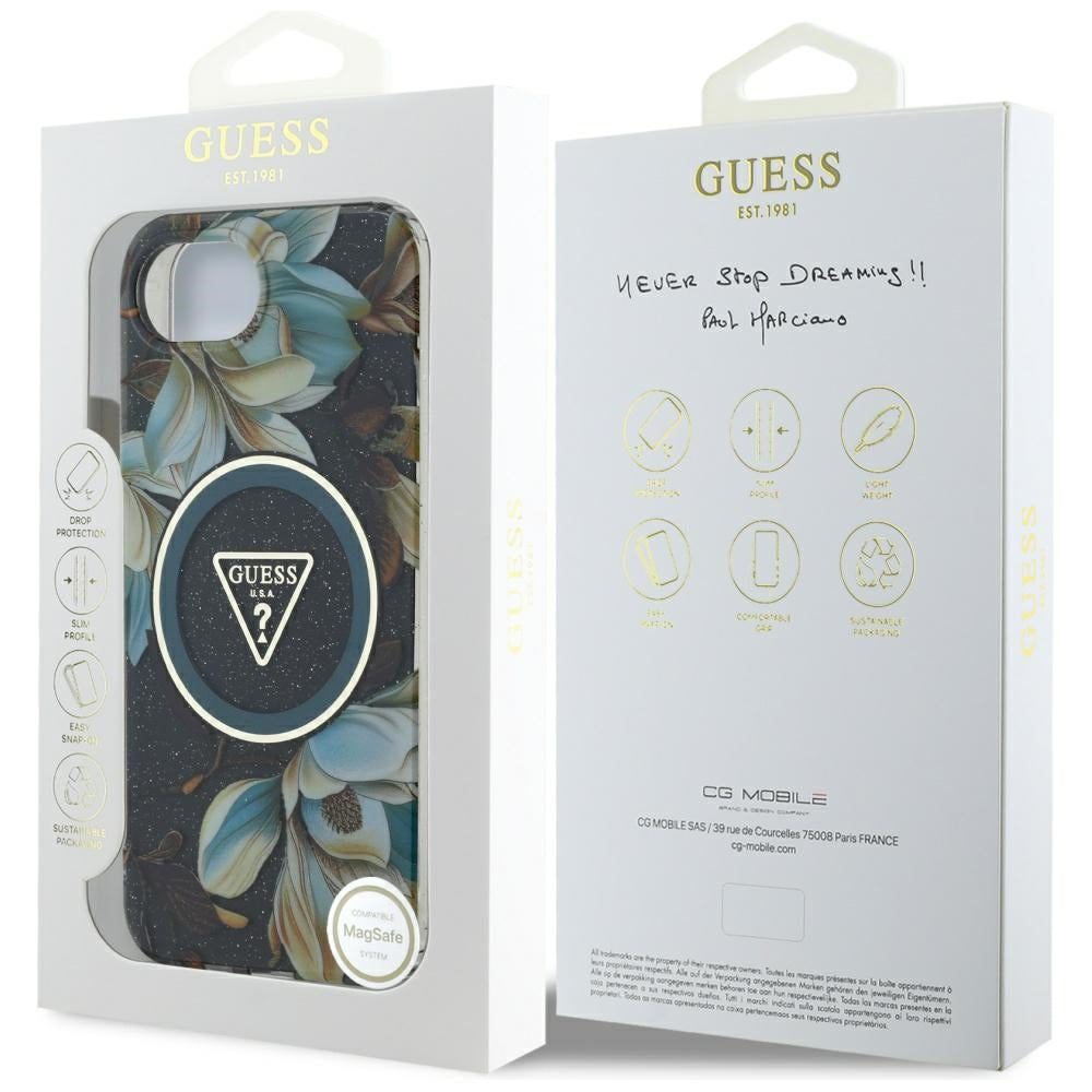 Husa MagSafe pentru Apple iPhone 17e / 16e, Guess, IML Metal Glitter Flowers Triangle, Neagra