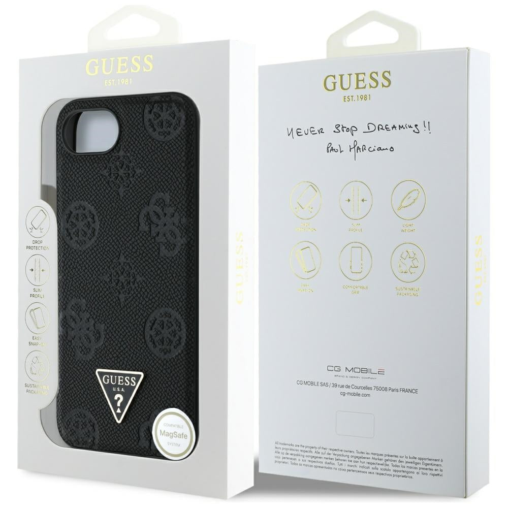 Husa MagSafe pentru Apple iPhone 17e / 16e, Guess, Peony Grained Hot Stamp Triangle, Neagra