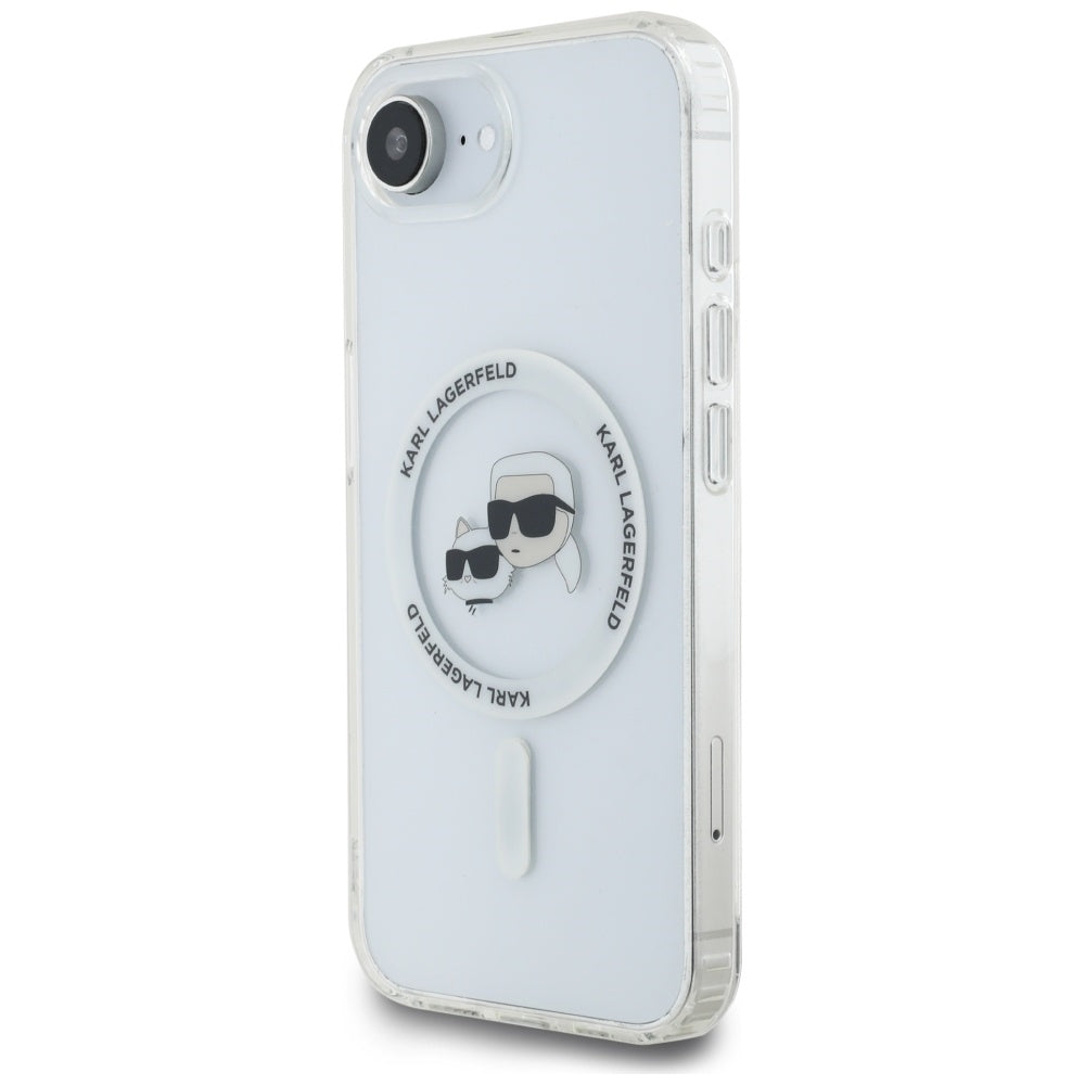 Husa MagSafe pentru Apple iPhone 17e / 16e, Karl Lagerfeld, IML Metal Karl & Choupette's Heads, Alba