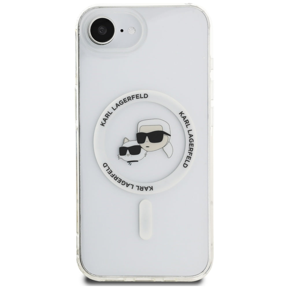 Husa MagSafe pentru Apple iPhone 17e / 16e, Karl Lagerfeld, IML Metal Karl & Choupette's Heads, Alba