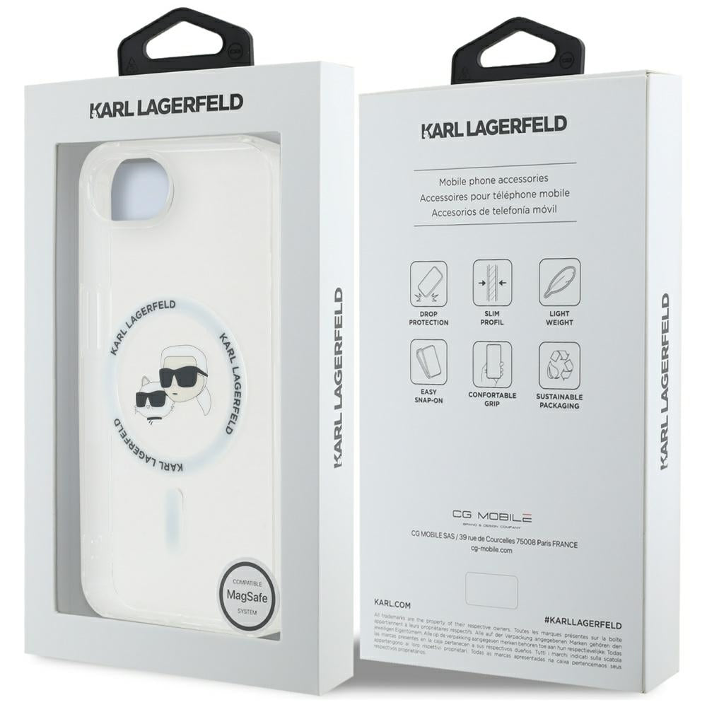 Husa MagSafe pentru Apple iPhone 17e / 16e, Karl Lagerfeld, IML Metal Karl & Choupette's Heads, Alba