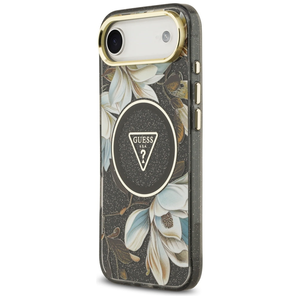 Husa MagSafe pentru Apple iPhone 17 Air, Guess, IML Metal Glitter Flowers Triangle, Neagra