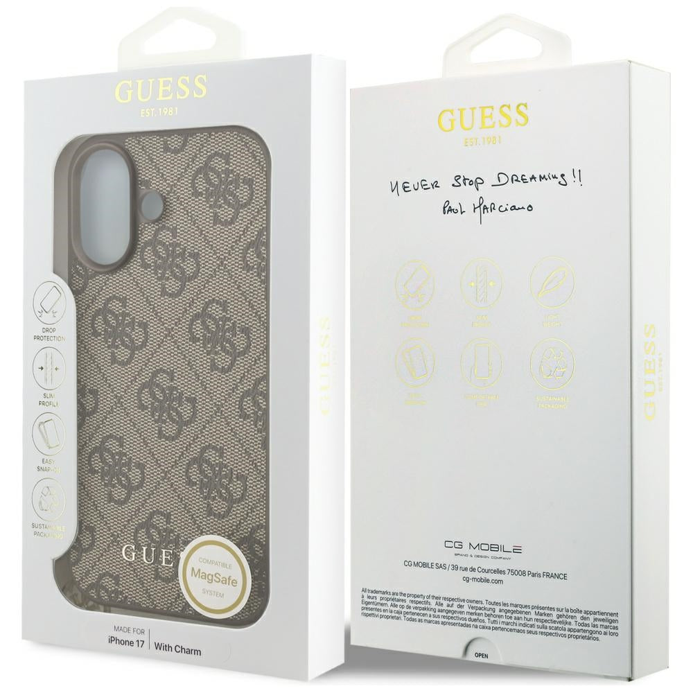 Husa MagSafe pentru Apple iPhone 17, Guess, 4G Charm Cradle, Maro