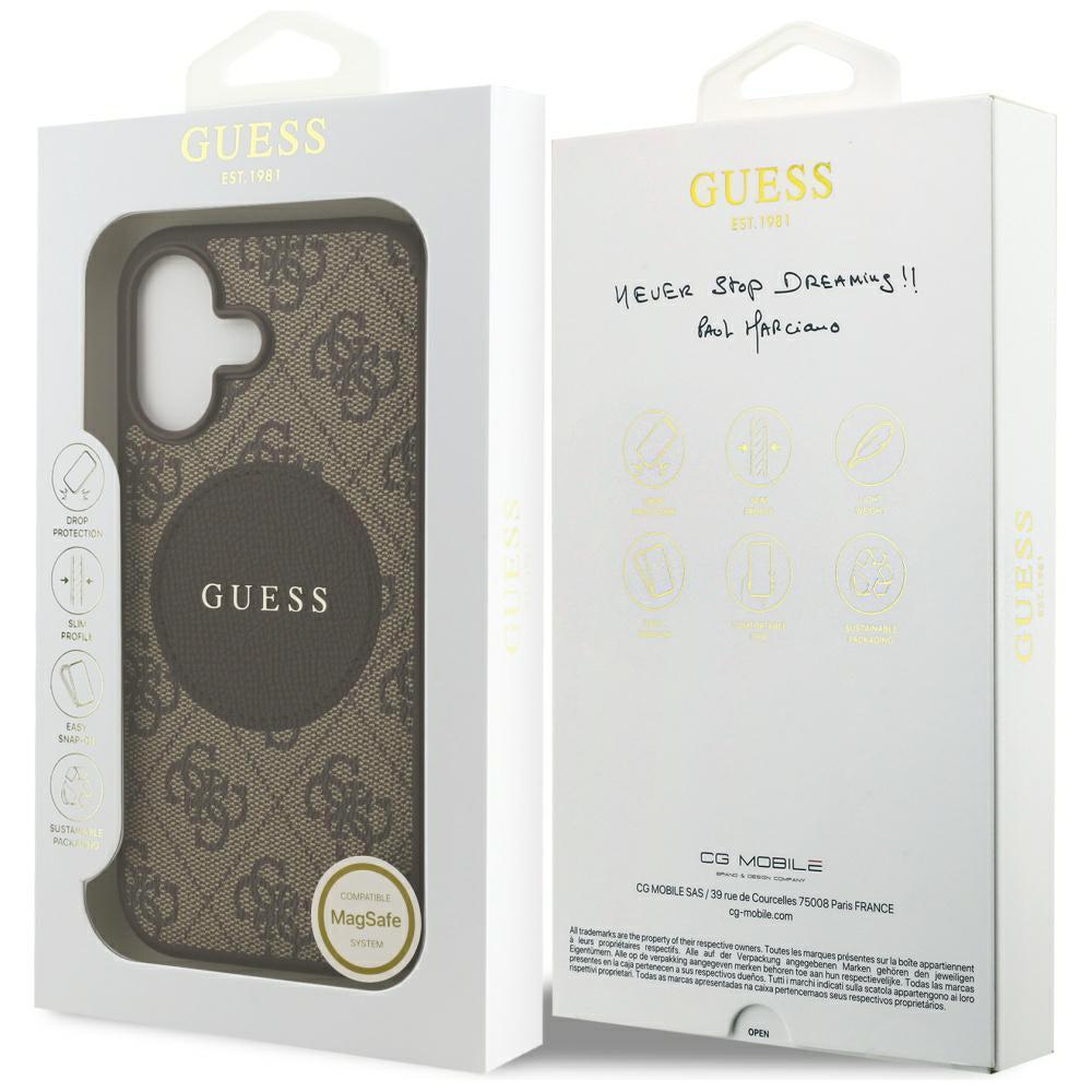 Husa MagSafe pentru Apple iPhone 17, Guess, 4G Circle Classic Logo, Maro
