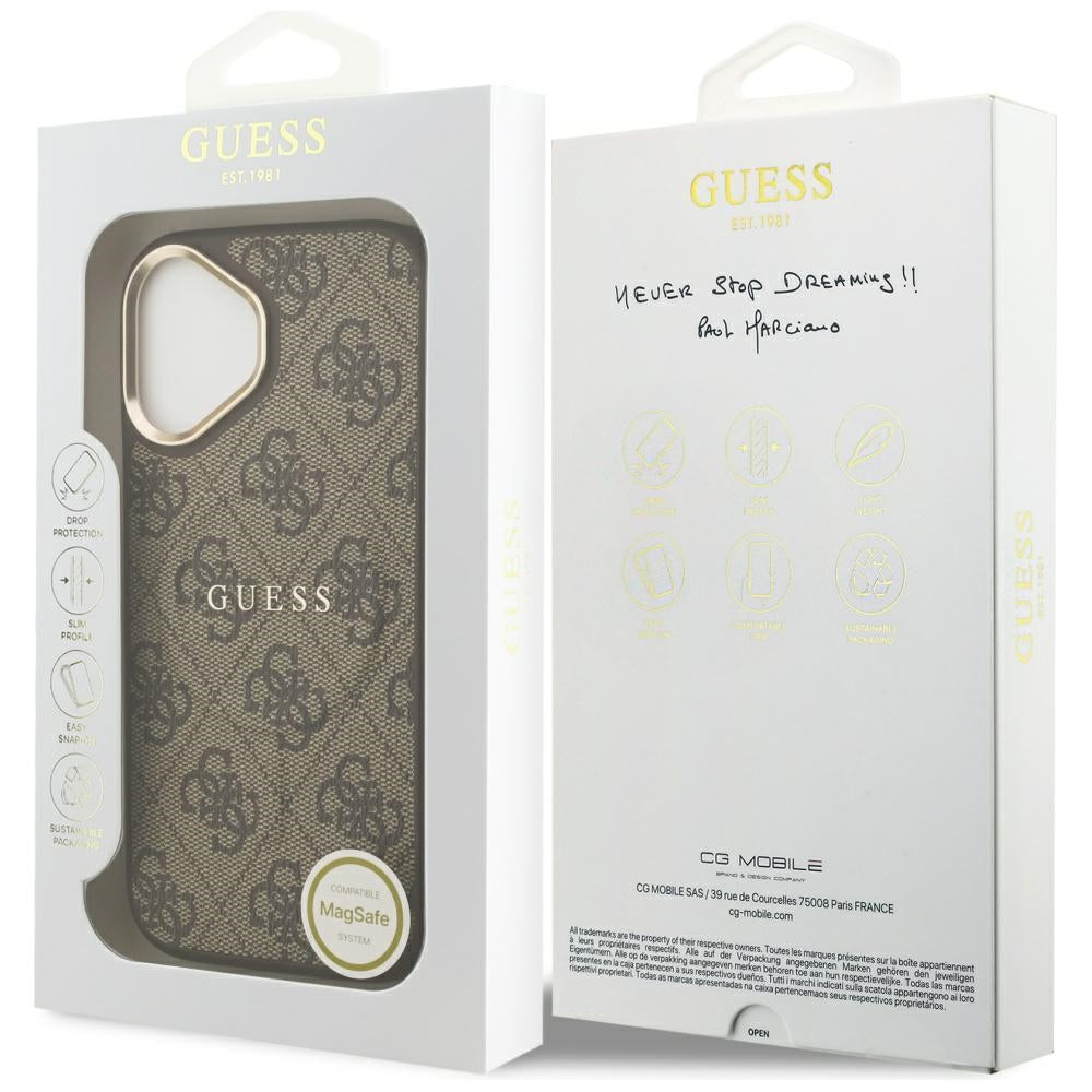 Husa MagSafe pentru Apple iPhone 17, Guess, 4G Classic, Maro