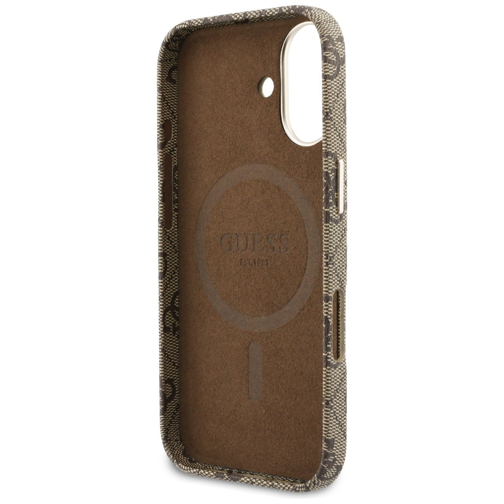 Husa MagSafe pentru Apple iPhone 17, Guess, 4G Script Logo, Maro