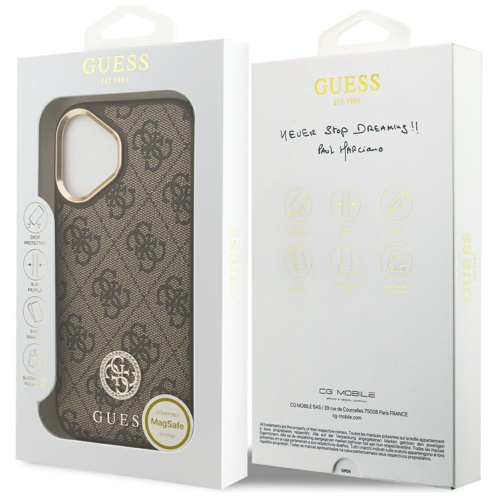 Husa MagSafe pentru Apple iPhone 17, Guess, 4G Strass Logo, Maro