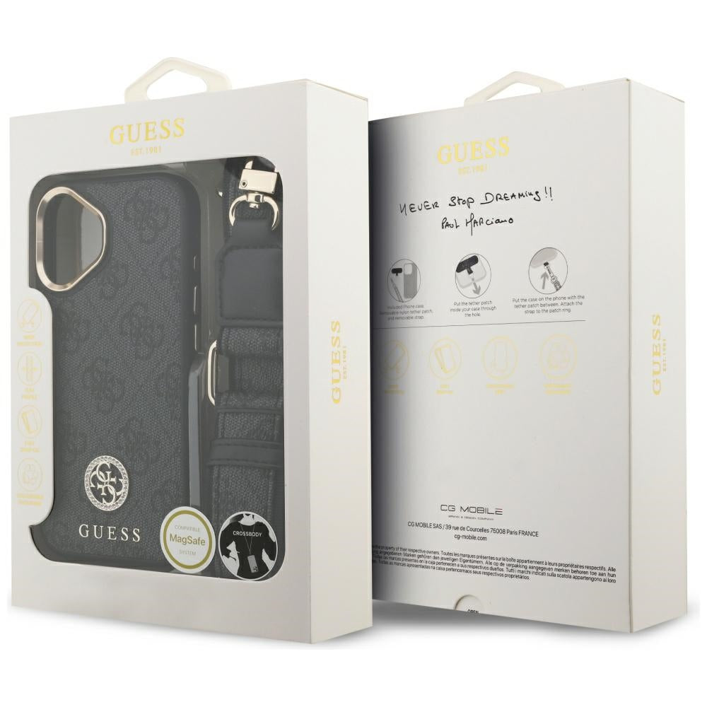 Husa MagSafe pentru Apple iPhone 17, Guess, 4G Strass Logo with Big Strap, Neagra