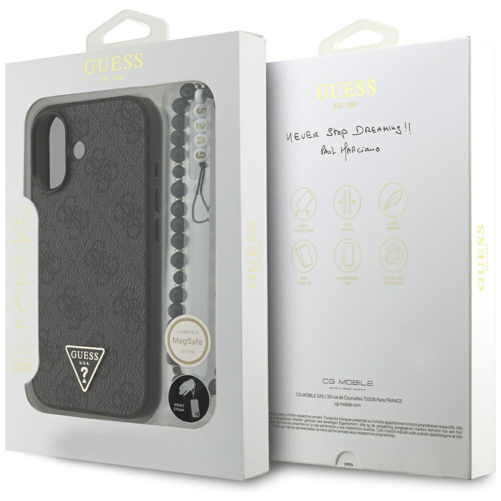Husa MagSafe pentru Apple iPhone 17, Guess, 4G Triangle Logo with Cord Strap, Neagra