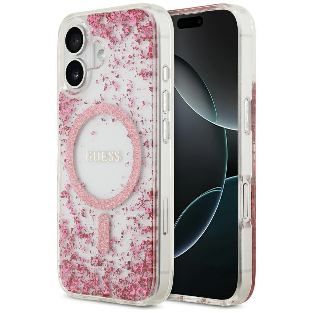 Husa MagSafe pentru Apple iPhone 17, Guess, Resin Bottom Glitter, Roz