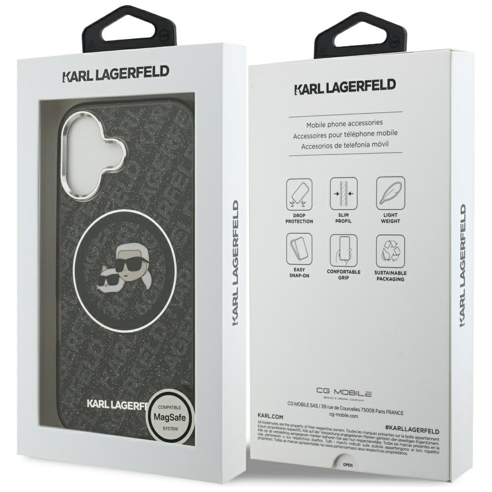 Husa MagSafe pentru Apple iPhone 17, Karl Lagerfeld, Glitter Karl & Choupette Head, Neagra